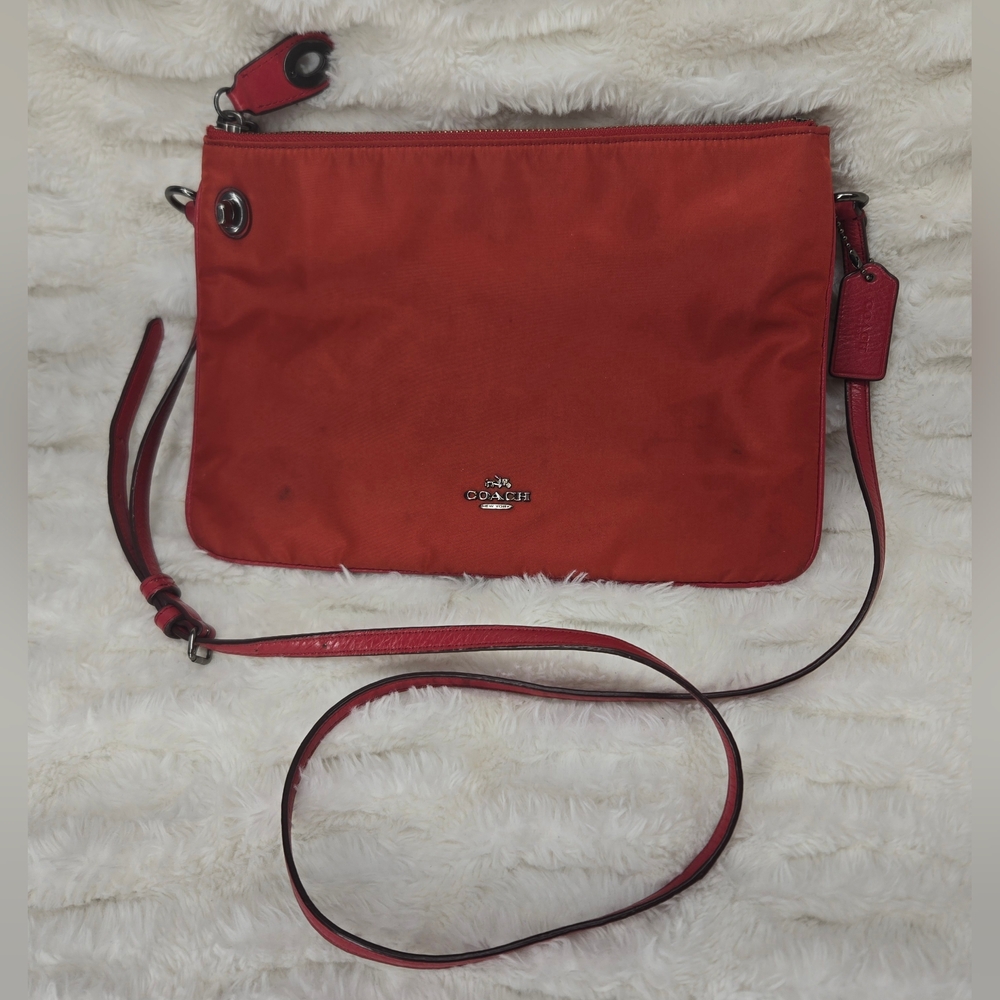 Coach Red Nylon Crossbody Bag with Leather Strap – Fair Condition